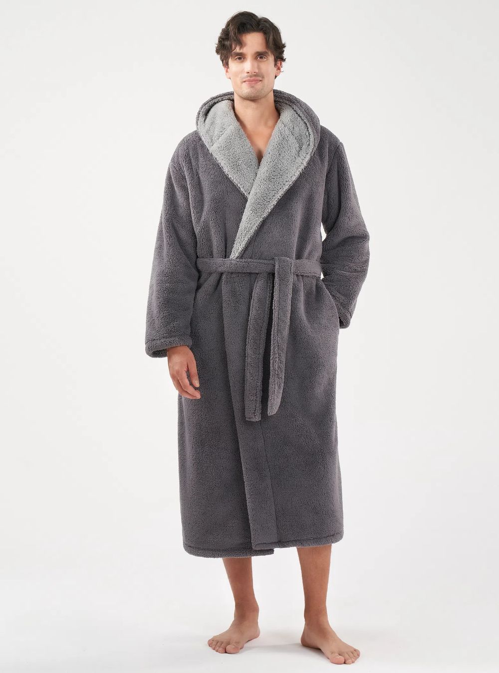 Flannel Soft Plush Long Bathrobe with Hooded