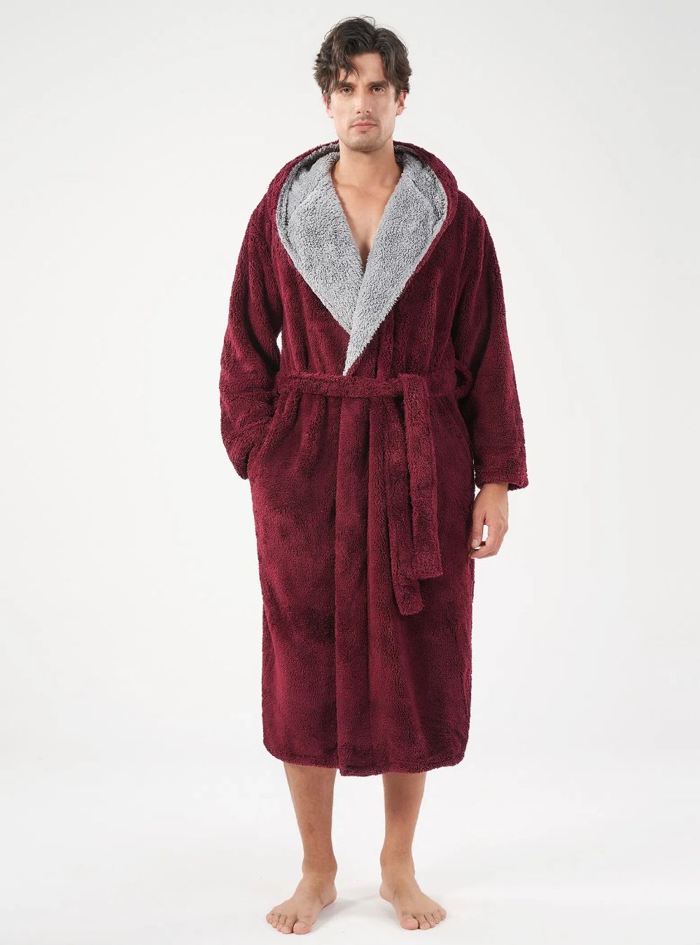 Flannel Soft Plush Long Bathrobe with Hooded