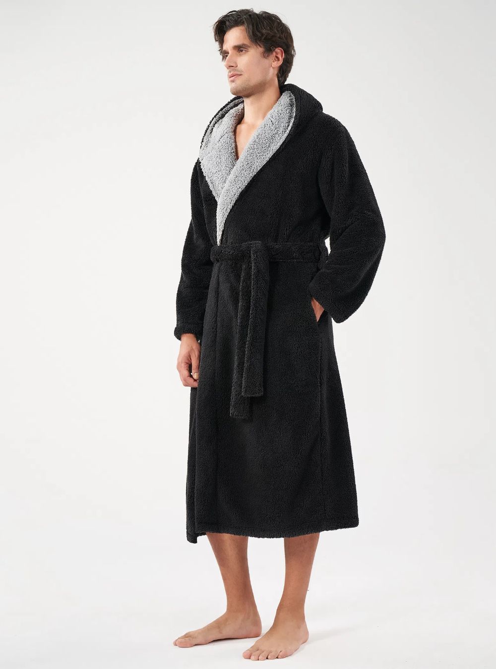 Flannel Soft Plush Long Bathrobe with Hooded