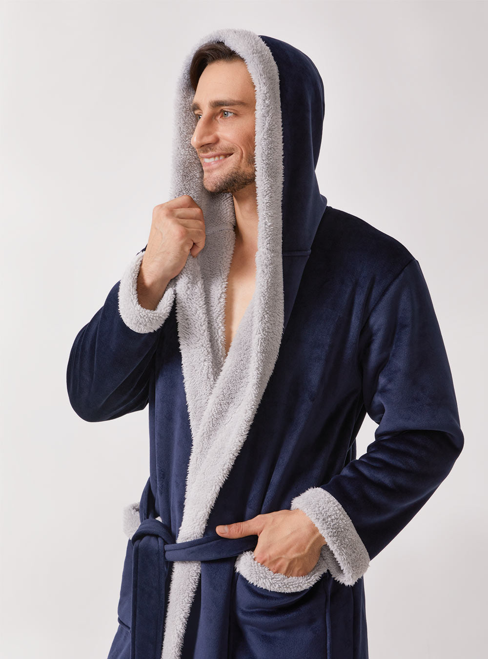 David Archy Hooded Robe Coral Fleece Soft Dressing Gown Mens