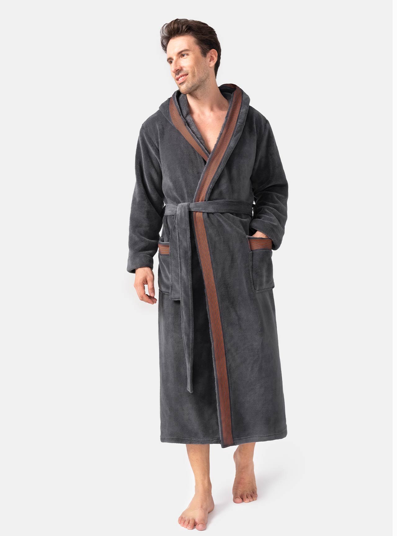 David Archy Long Fleece Robe With Hood Mens Housecoat Dressing Gown Bathrobe  Warm Winter
